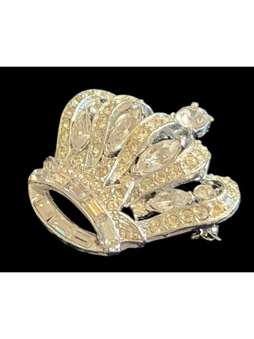 Vintage Rhinestone Crown  Silver Tone Regal Mardi Gras Brooch Elegant Sparkling